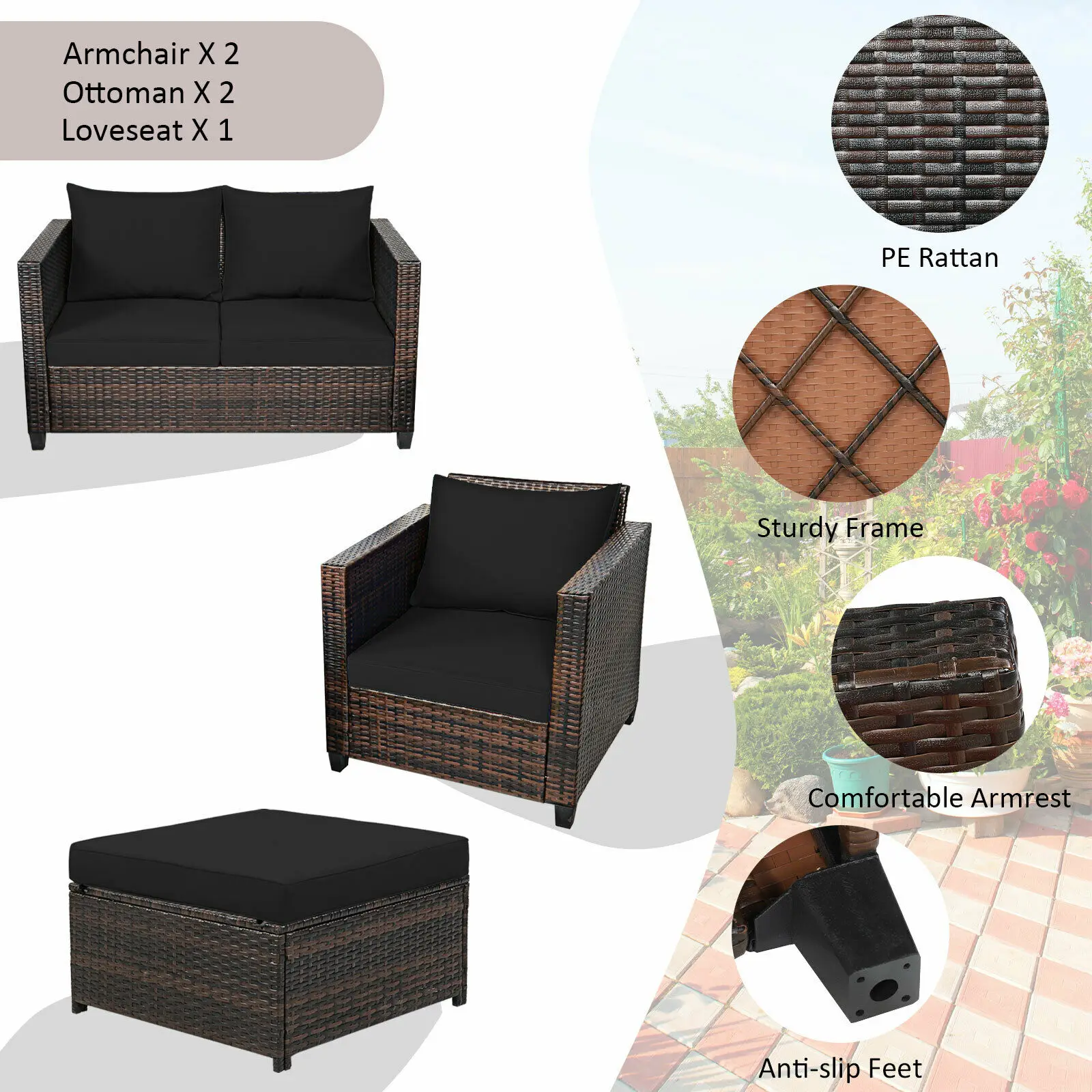 5PCS Patio Rattan outdoor Furniture Set Loveseat Sofa Ottoman Cushioned Black - Image 5