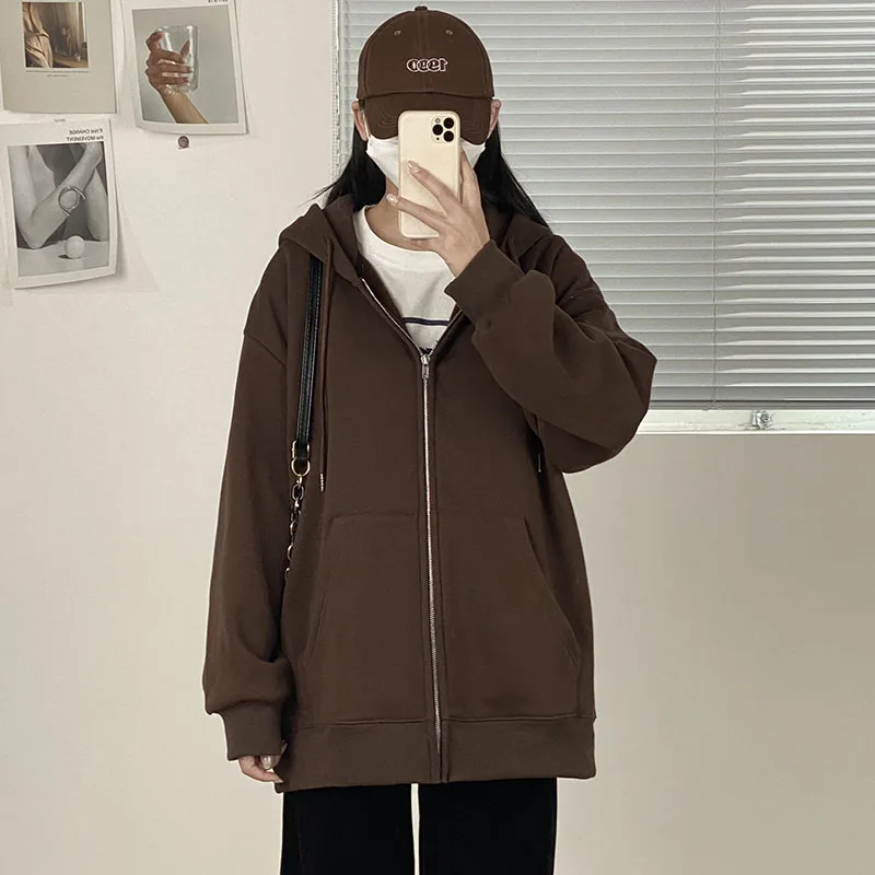 

Dark Brown Sweatshirts Women's Clothing 2022 Spring Autumn New Hooded Cardigan Loose Long-sleeved Zipper Hoodies Tops fp167