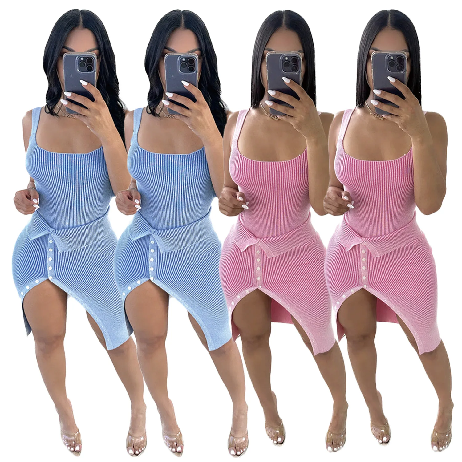 

Sexy Ribbed Bodysuit and Irrefular Skirt Two Piece Y2K Women Matching Set Skinny Outfits Button Up Split Skirts Streetwear Suits