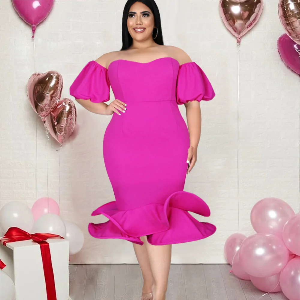 Plus Size Women Party Dress Puff Sleeve Ruffle Chic And Elegant Dresses Female Evening Ourwear 2023 Spring Casual Birthday Robe