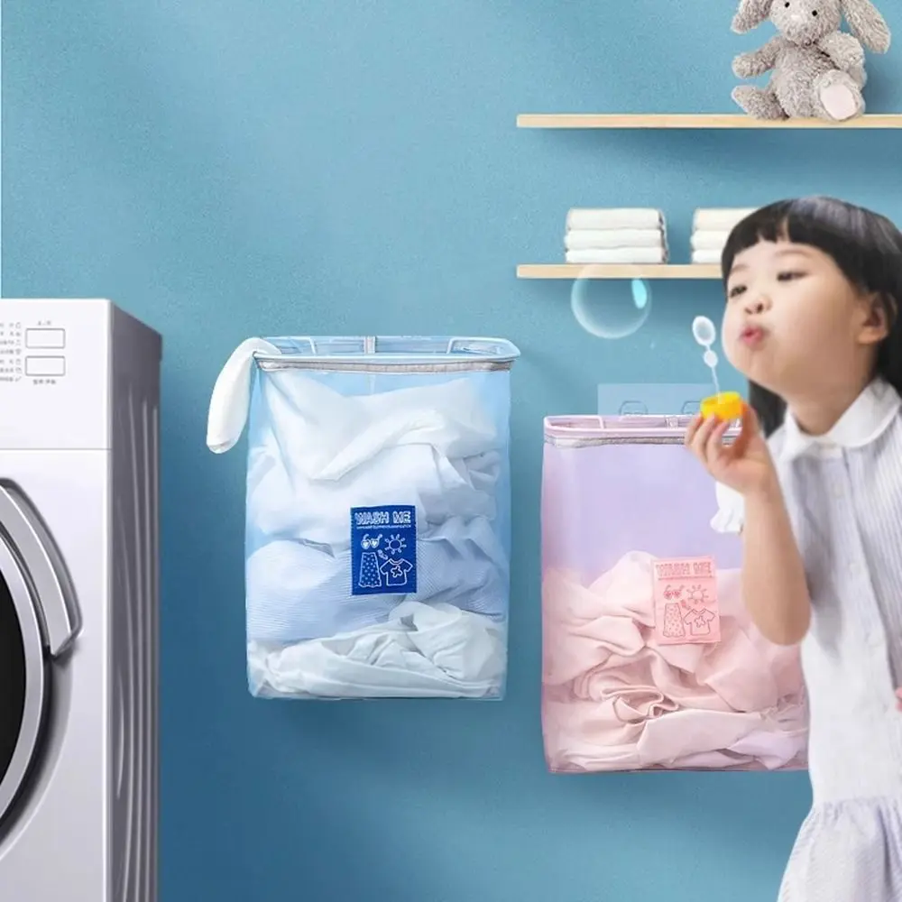 나일론 메쉬 세탁 토트백, 접이식 대용량 더러운 옷 바구니, 벽걸이 경량 옷 보관 바구니 장난감