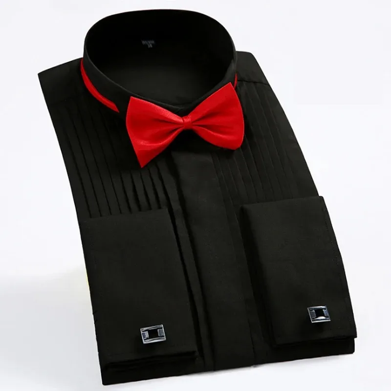Men's Wing-tip collar 1/4" Pleat Tuxedo Dress Shirt French Cuffs Hidden Buttons Placket Long Sleeve Wedding Bridegroom Shirts