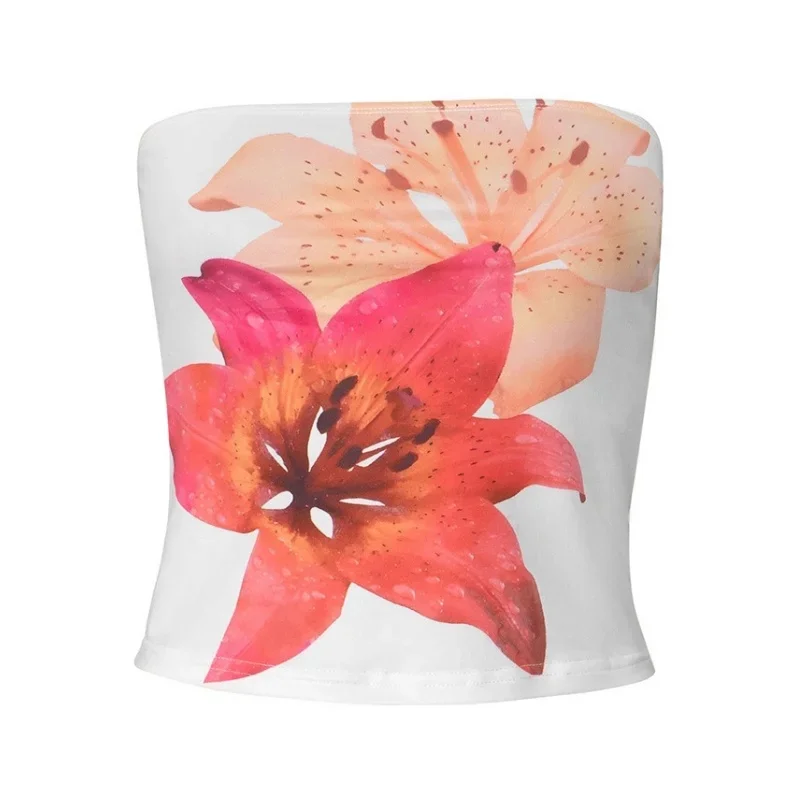 Top sexy con estampado floral, corto, sin tirantes, de una pieza, sin mangas, ajustado, de moda, para mujer, top informal sin cuello, sujetador Y2k