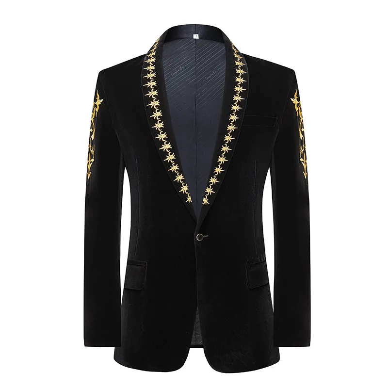 Luxury Velvet Men Suit Jacket Gold Baroque Floral Embroidery  Single Button Wedding Dress Dinner Party Singer Black Blazers Coat
