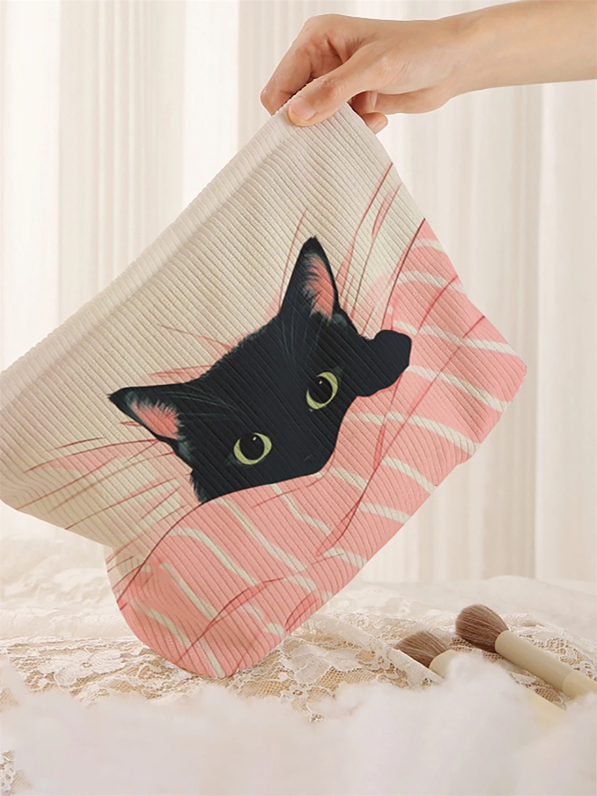 1 cat patterned corduroy makeup bag, lightweight zipper makeup storage box, multifunctional bag with lining