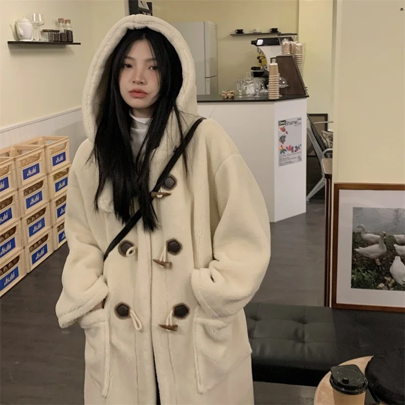 2022 Winter Long Women Cotton Padded Hoodies Lamb Wool Medium Length Warm Thicken Parka Fluffy Overcoat
