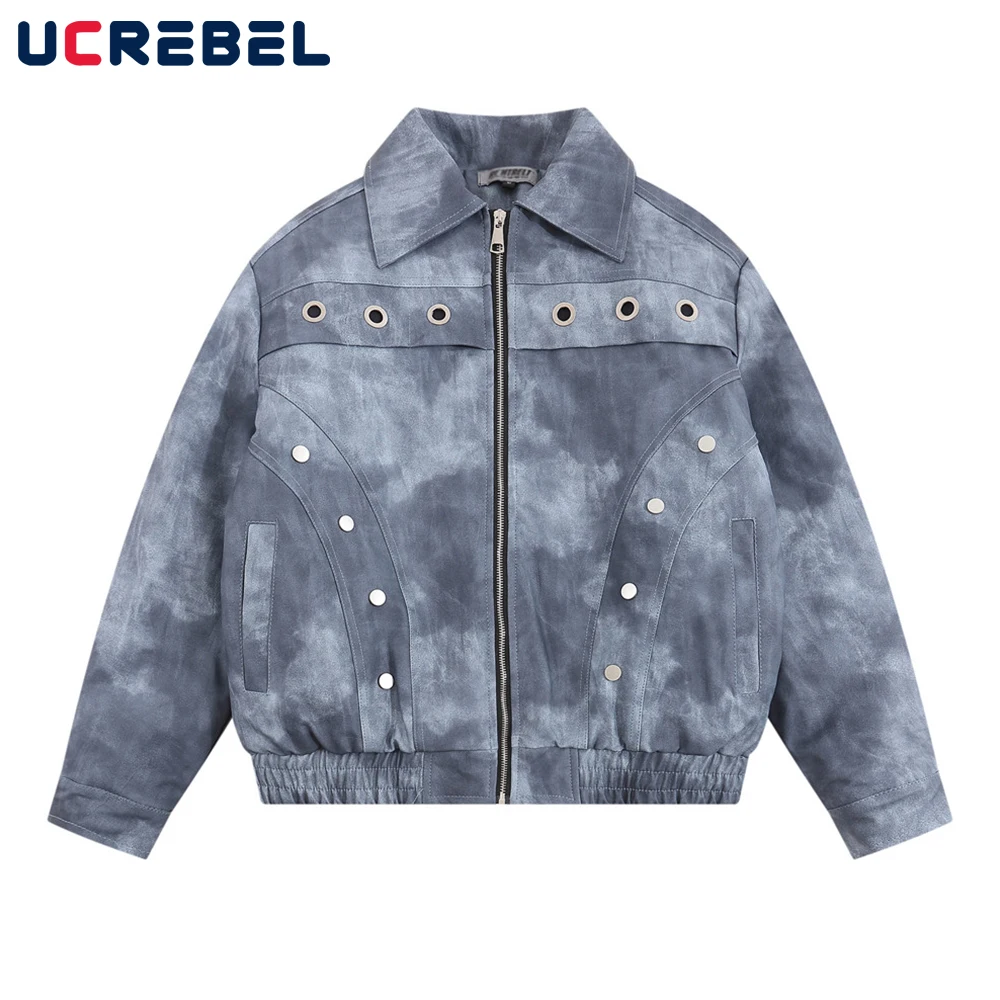 

Tie-dye Leather Quilted Jacket Mens Button Decoration Washed Streetwear Autumn Winter Lapel Long Sleeve Jacket Men