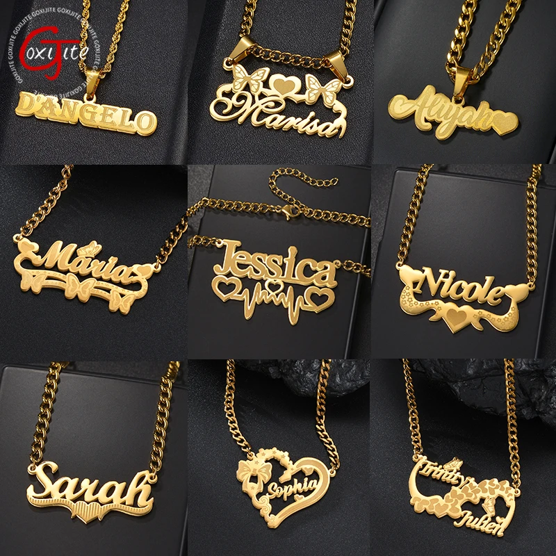 Goxijite Custom Removable Butterfly Heart Name Pendant Stainless Steel Laser Marking Nameplate Necklace