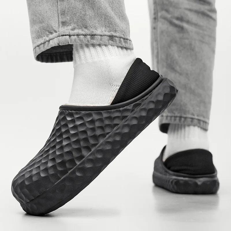 Simple Solid Color Men's Cotton Slippers Winter Indoor Warm Non-slip Thick-soled Slippers Soft Elastic Comfortable Couple Shoes