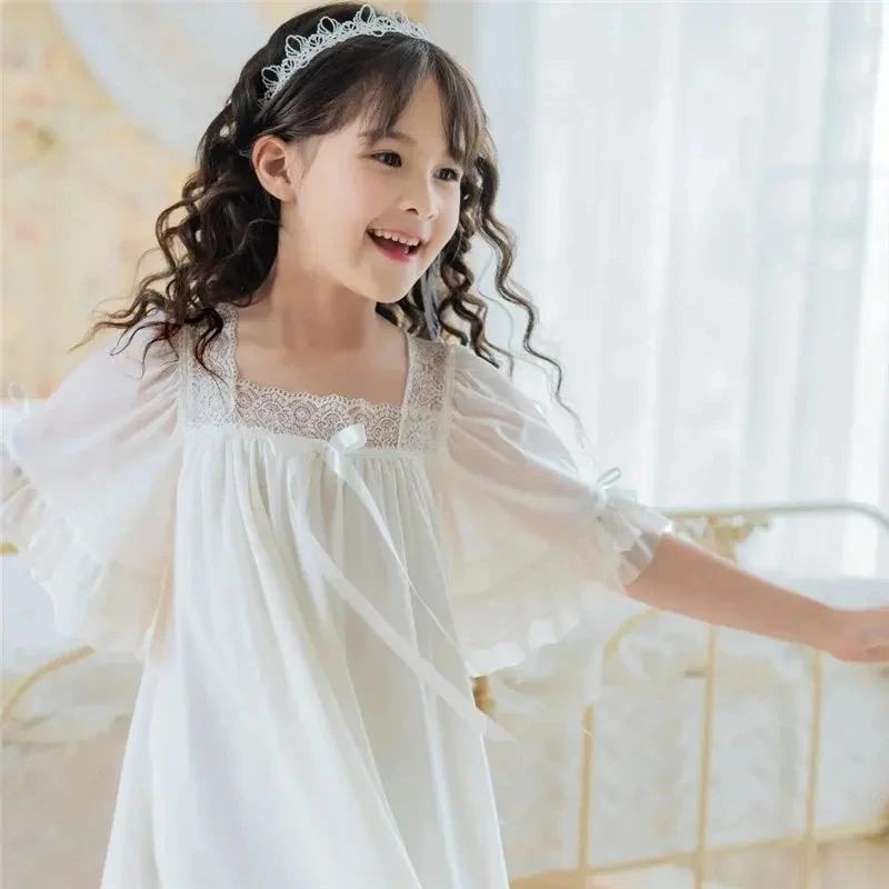 1 PC Summer Girl Short-sleeved Princess Princess Style Baby Nightdress Soft Breathable Home Wear Girl's Lace Mesh Pajamas