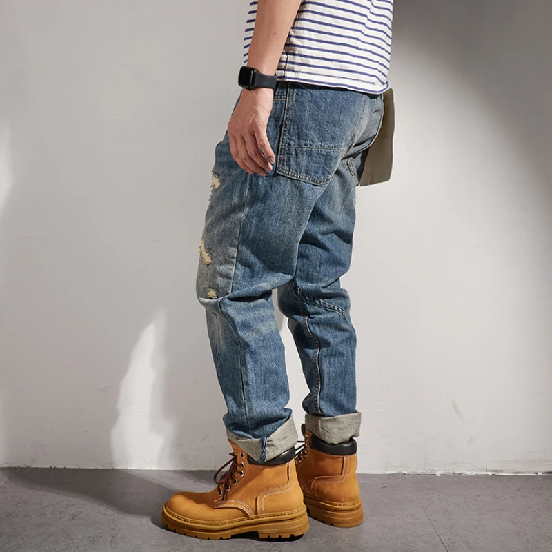 New autumn patch jeans slim straight men's 2022 new American tough guy retro casual pants