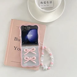 Shockproof 3D Bow Wavy Edge Design Case with Lanyard Bracelet - Cute Chic Ultra-Thin Silicone Cover for Galaxy Z Flip6 (Case with strap)