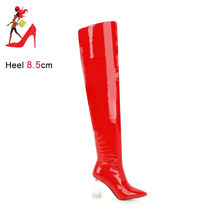 

Sexy Thigh High Designer Boots Women Autumn Winter Fetish Long Shoes Red Pointed Chunk High Heels Large Size Over-the-knee Boots