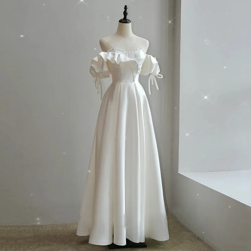 

Harajpee French Wedding Dress 2024 New Bride Style Simple First Love Fairy Dresses One Shoulder Satin Goddess Gentle Vestido