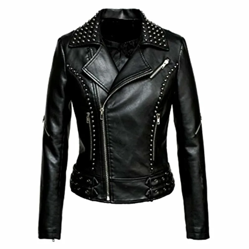 Women's Black Slim Fit Rider Leather Jacket Motorcycle Jacket European and American Fashion Trend
