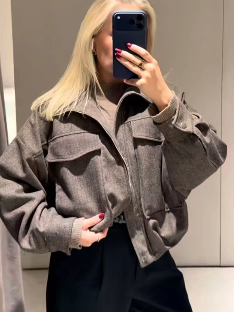 Women's Short Loose Coat Stand Collar Zipper Long Sleeve Pockets Bomber Jacket Spring Autumn Lady Street Casual Commute Outwear