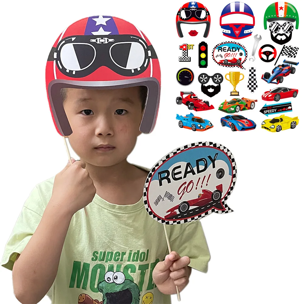 

25 Race Car Photo Booth Birthday Decoration Boy Party Theme with Stick Racing Theme Selfie Props Funny Party Favors Supplies