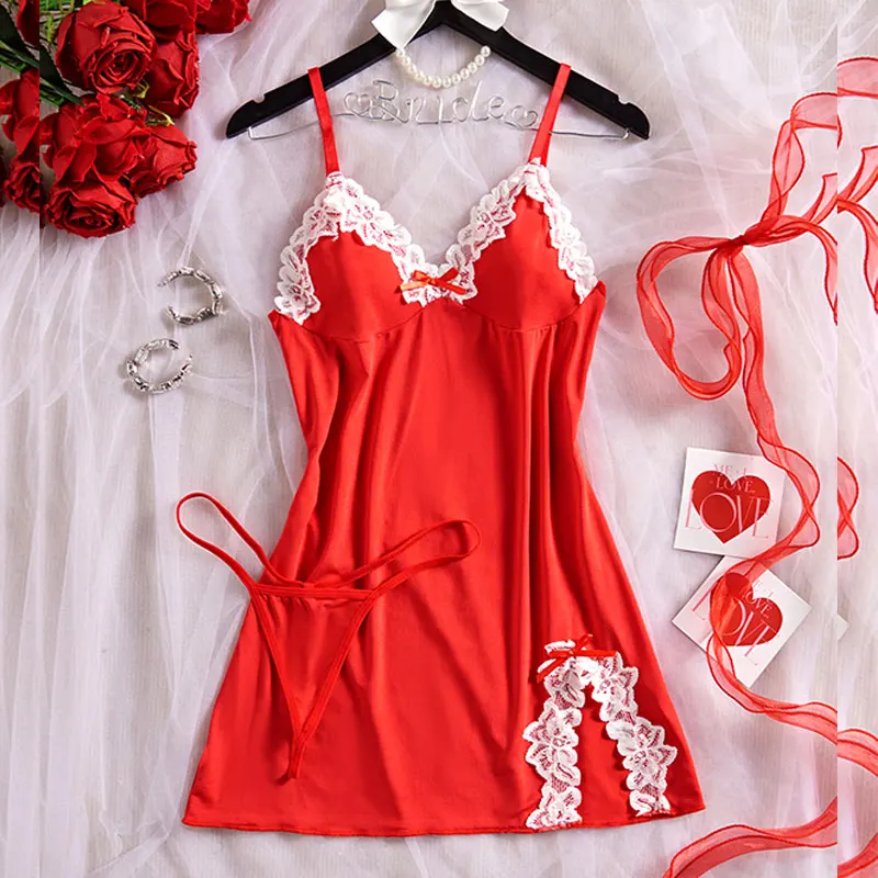 1 Set Of V-neck Women's Lingerie Sexy Suit Soft Bra Nightgown With Thong Intimates Underwear Heart Print Bras Briefs Night Dress