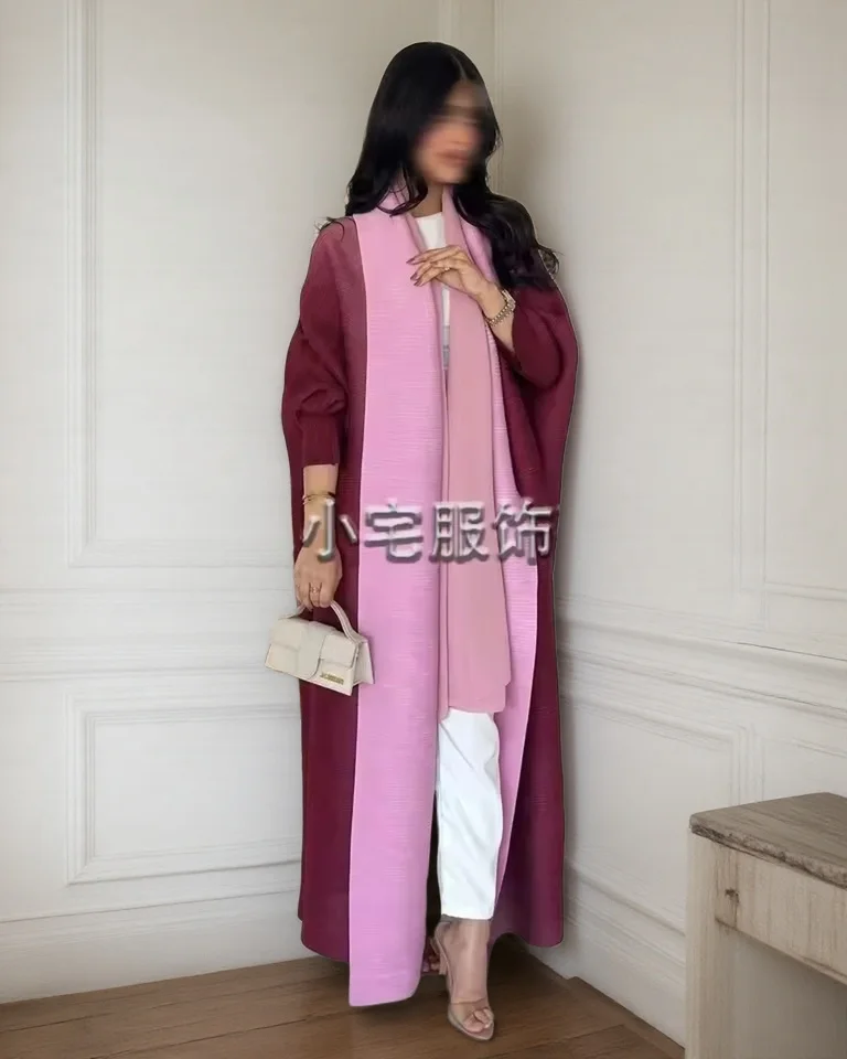 Women's Fold Miyake Pleated Abaya Long Sleeve Print Foldable Collar Robe Cardigan Coat Winter Original Design