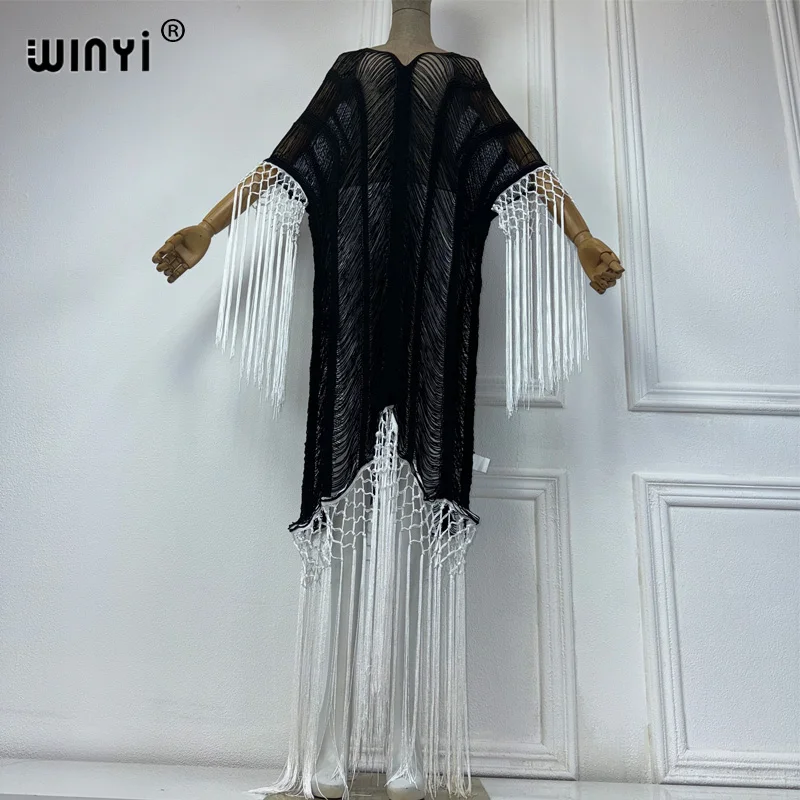 WINYI 퍼스펙티브 뜨게 할로우 코트 비치 기모노, 섹시한 원피스, 우아한 커버업 카디건, 여성용 해변 의상, 프린지 원피스