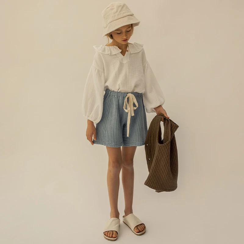 Organic Cotton Waffle Girls Shorts Summer New Children&rsquo;s Clothing Casual Loose Elastic Waist Lace-up Kids Shorts TZ108 boys shorts,kids denim shorts