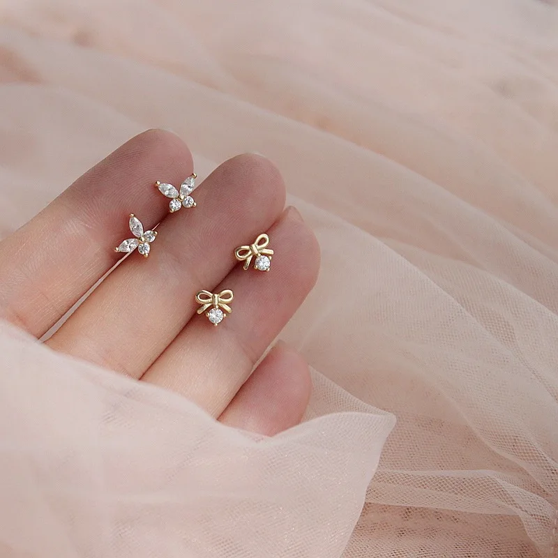 Stud Earrings Geometry Gold Silver Color Zircon For Women Simple Cute Small