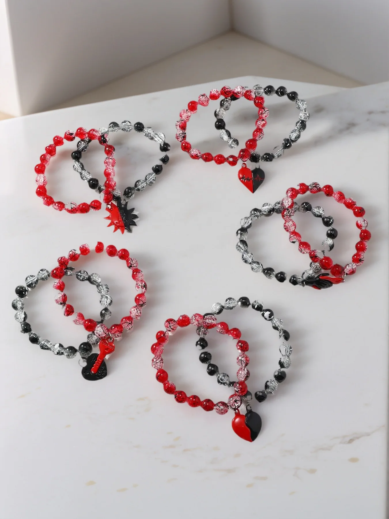 Couple Bracelet - 10mm Handmade Magnetic Heart  Broken Glass Beads