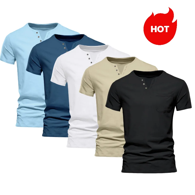 

2024 new Summer casual T-shirt fashionable and trendy sporty and slim fitting solid color V-neck pocket for men half sleeved top
