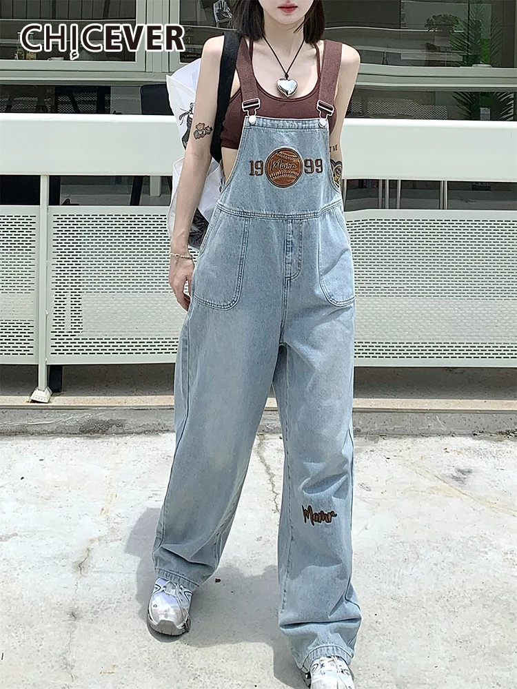 

CHICEVER Hit Color Jumpsuits For Women Square Collar Sleeveless Patchwork Embroidery Casual Loose Summer Denim Jumpsuit 2023 New