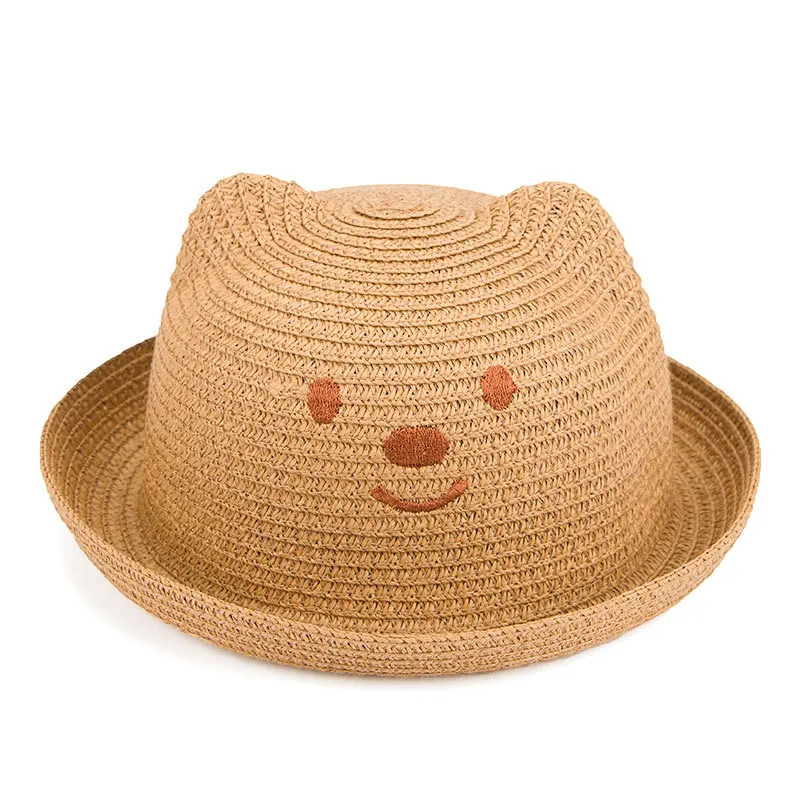 

HanXi Summer Children Straw Sun Hats Cute Bear Ear Cap for Kid 51cm Head Circumference Beach Hat Boys Girls Hats