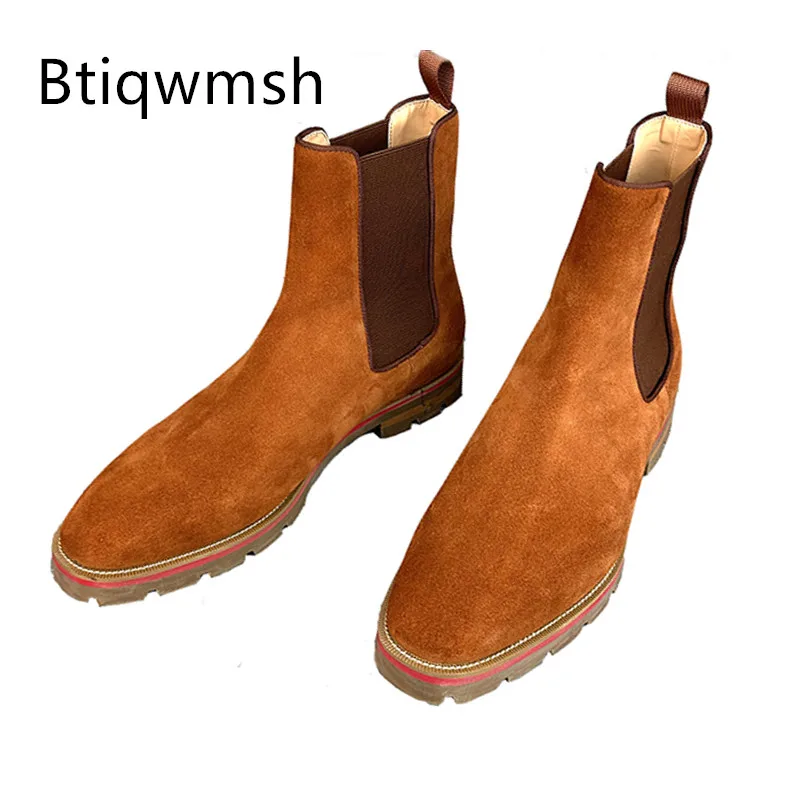 

Brown Luxury Ankle Boots Man Pointed Toe Real Suede Leather Thick Bottom Low Heels For Men Fashion Casual Shoes