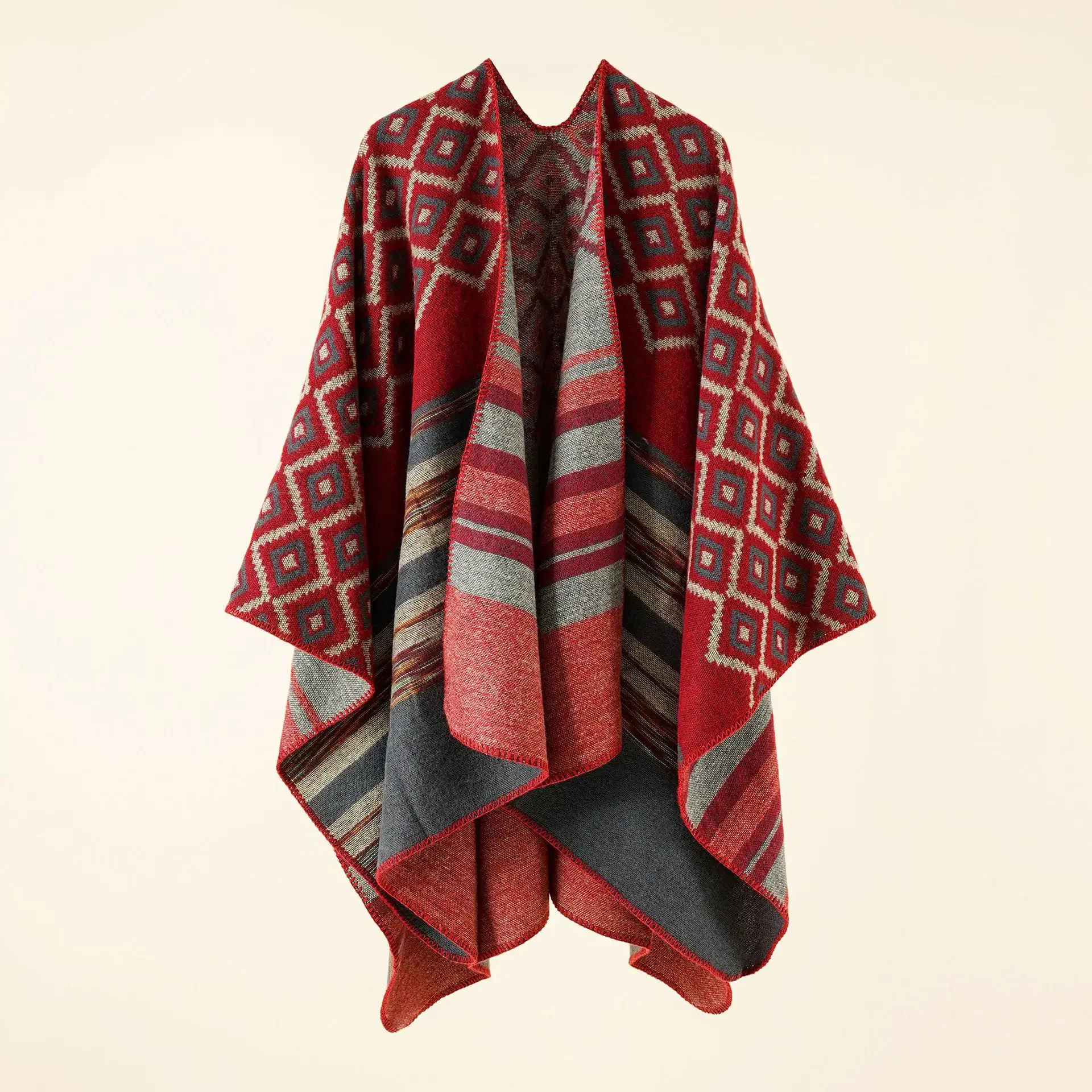 

2024 Autumn Winter New Geometric Stripe Pattern Imitation Cashmere Warm Casual Women Shawl Poncho Capes Lady Coat Red