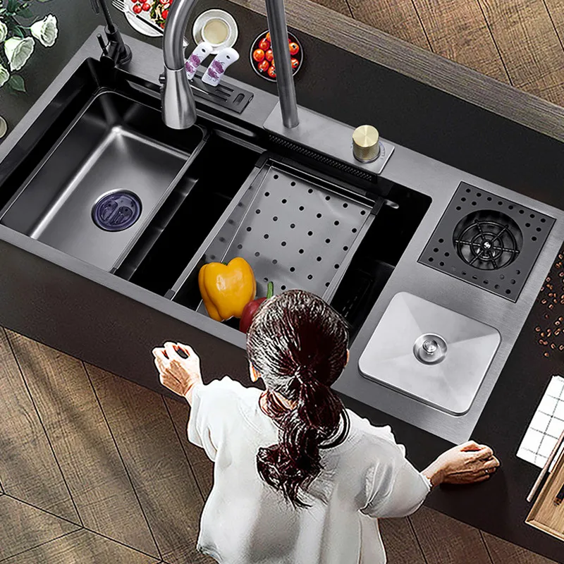 304 Stainless Steel Waterfall Kitchen Sink Multifunctional Nano Sink Large Size With Trash Can Hhigh-Pressure Cup Washer 2