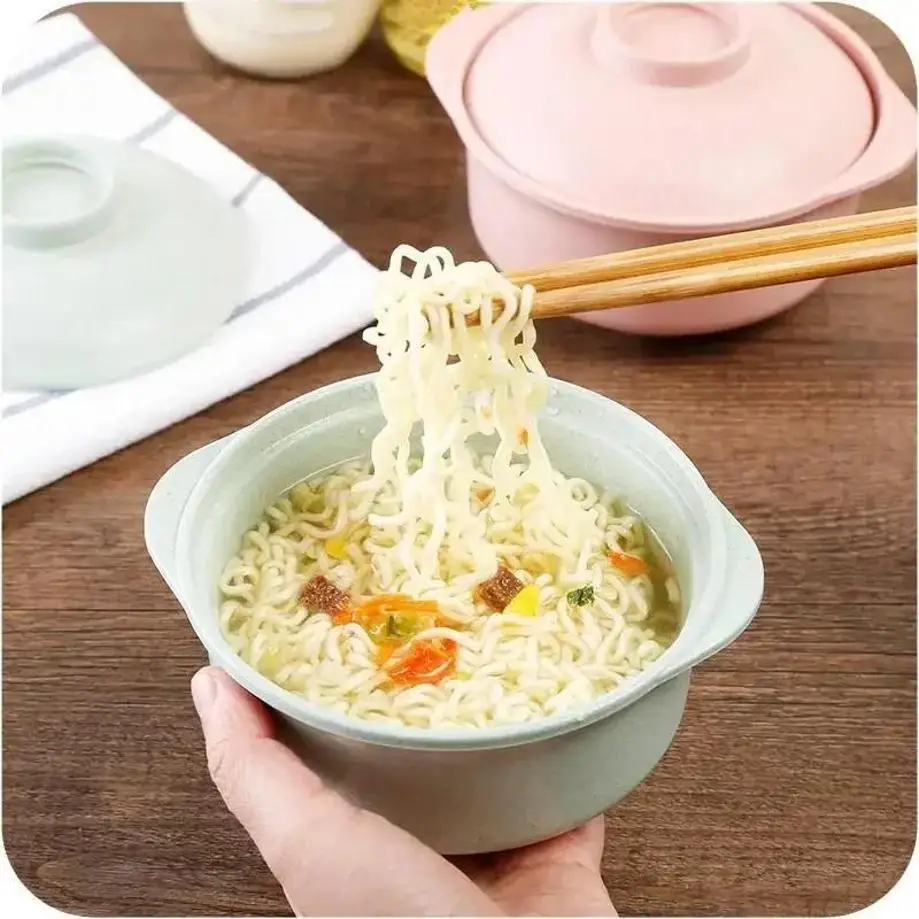Kitchen Household Tableware Solid Color Lunch Tray Dishes Soup Bowl Lid Dinnerware Pure Natural Wheat Straw Bowls Tools