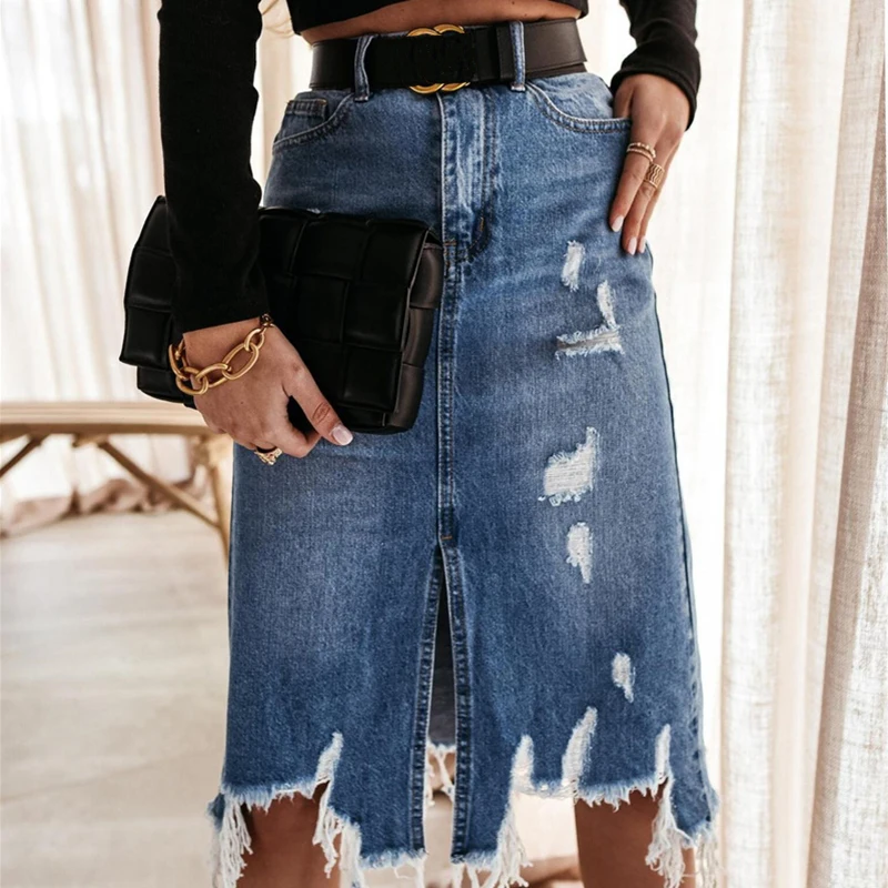 2021 Summer Sexy Asymmetric Denim Skirt Women High Waist Slit Ripped Beggar Midi Skirts Casual Slim Worn Tassel Blue Jeans | Женская