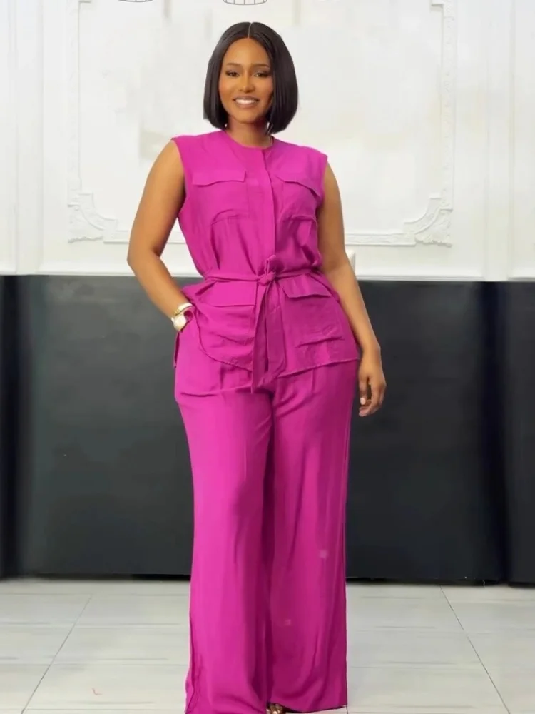 Wmstar 2025 Summer Elegant Casual Two Piece Set of Casual Round Neck Sleeveless Cardigan  Vest  Wide Leg Pants Solid Color