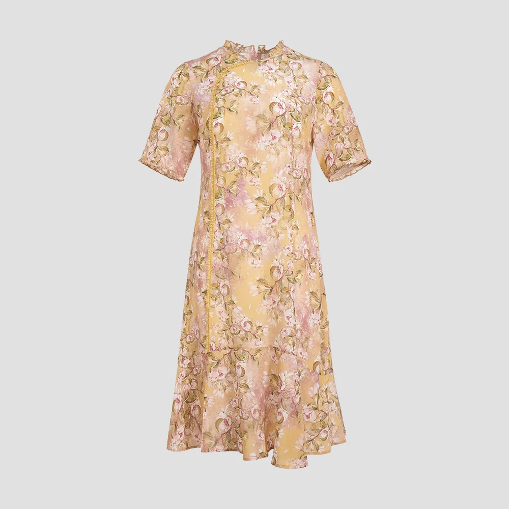 thumbnail image 1 of Vestido de verano 2022 de seda auténtica de alta gama para mujer, 100 % con estampado en forma de A, estilo chino, de talla grande, 1 of 5