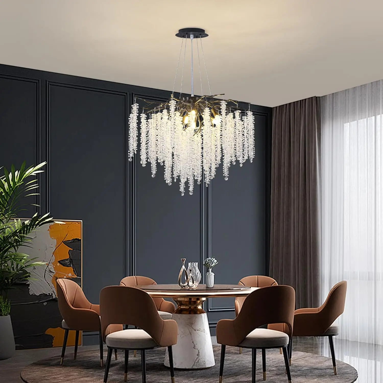 Rain Drop Tree Pendant Light Black Round Crystal Chandelier Tree