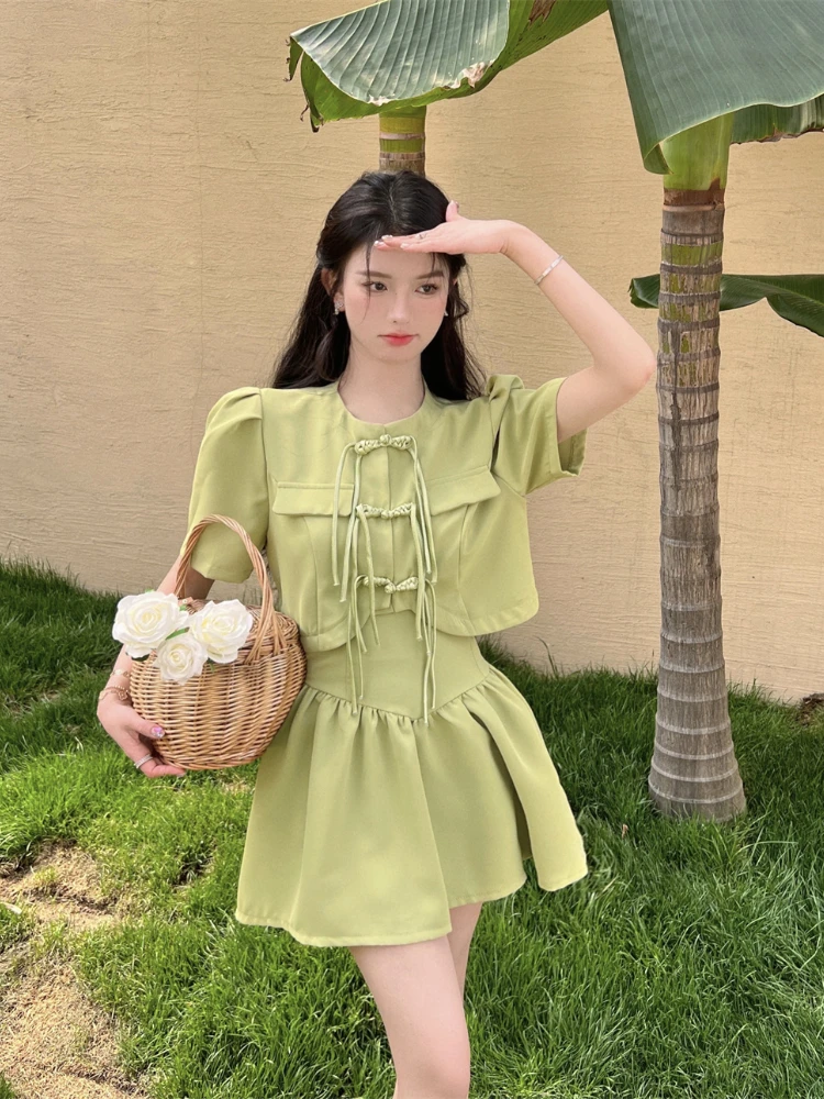 Chinese Style Fashion Two-piece Suits Women Summer New Buckle Crop Tops High Waist Mini Skirts Sets Woman