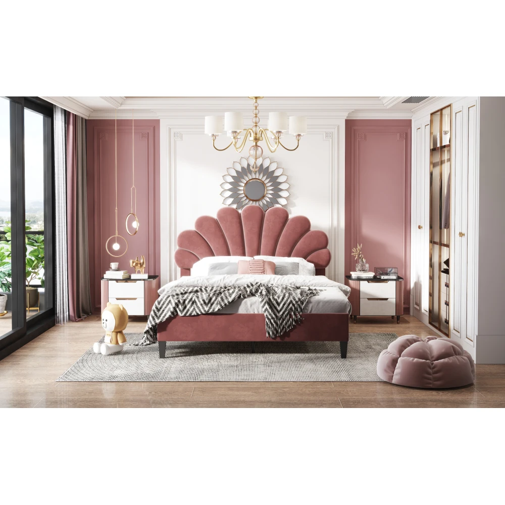Polsterbett Doppelbett 140 x 200 cm, Bettgestell mit blumenförmigem Kopf und Gitter, Bett für Erwachsene und Jugendliche aus hautfreundlichem Samt – Detail 19