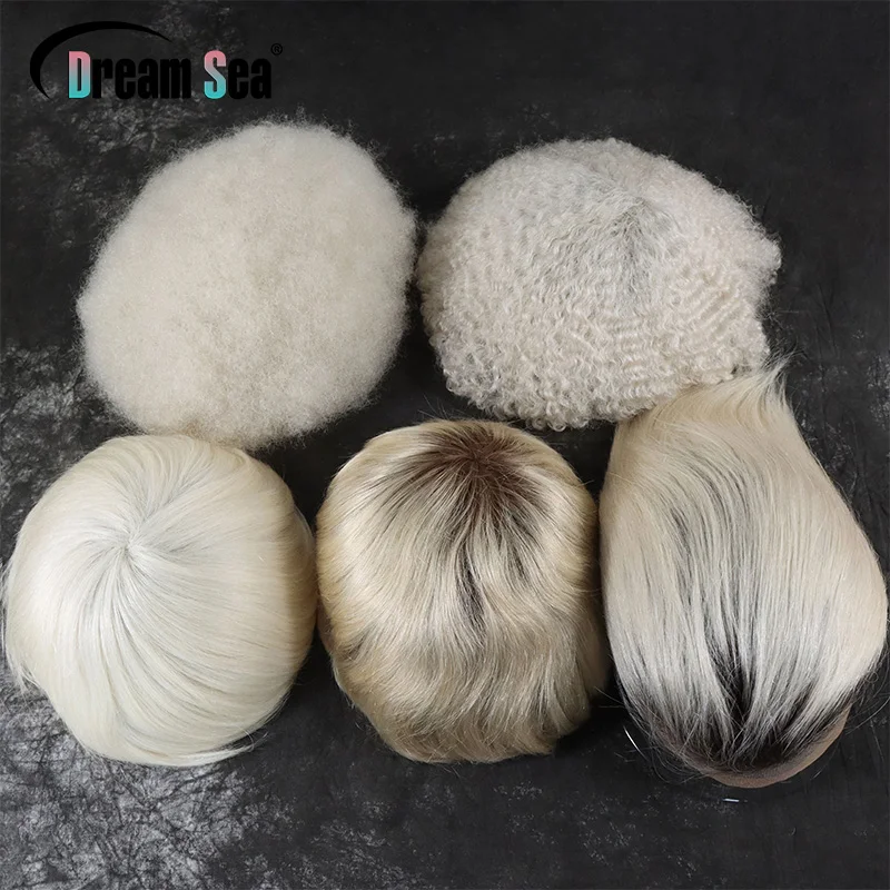 

Mono Base Men's Lace Front Toupee 613 Platinum Blonde Human Hair Ombre 8x10 Inch Afro Kinky Curly Natural Hairline Piece System