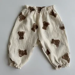 Organic Cotton Soft Muslin Baby Pants with Cute Print - 6-12M (Little Bear)