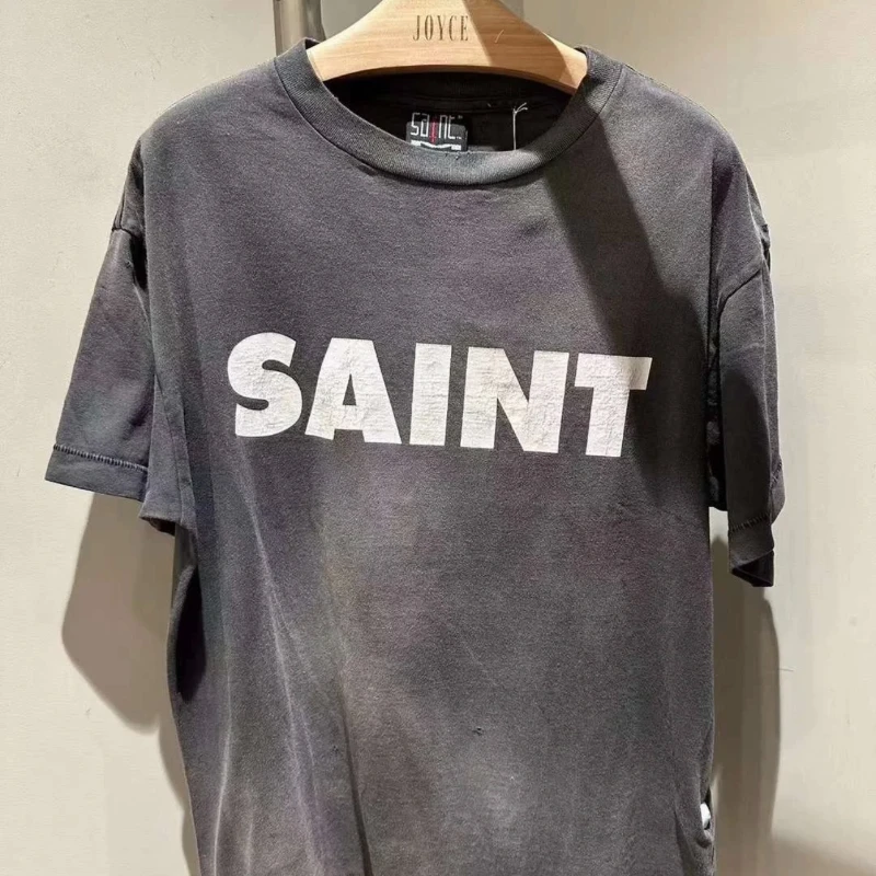 

High quality thick fabric T-shirt short sleeved top 2024ss washed black SAINT MICHAEL letter printed T-shirt for men and women