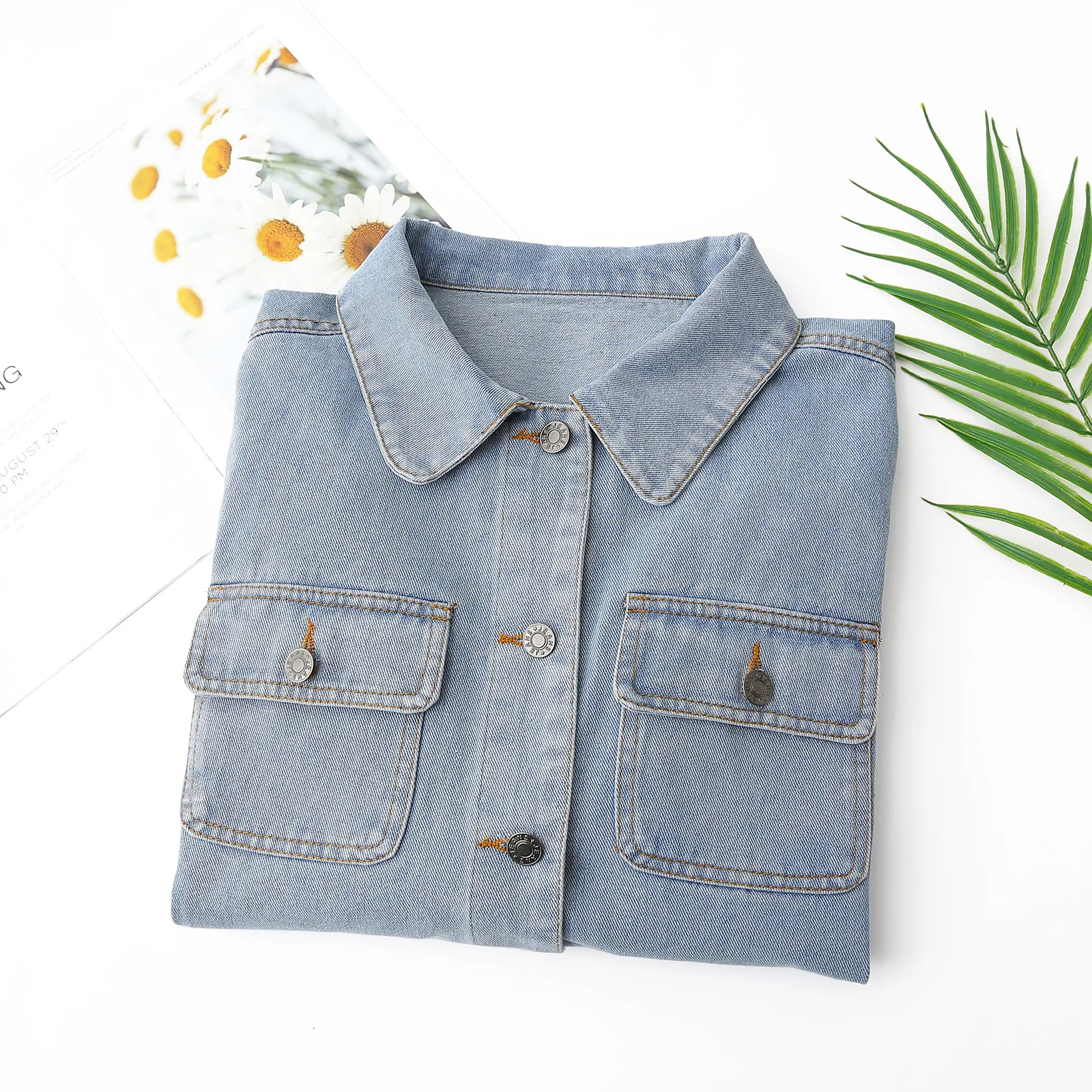 Fashion Plus Size Women's Denim Jacket Autumn New Style Simple Light Blue Retro Coat 2527