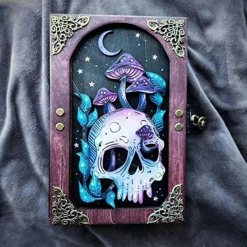 

Mushroom & Sunflower Skull Key Journal Wooden Leather Notebook Gothic Themed Home Decor (Mushroom Skull)