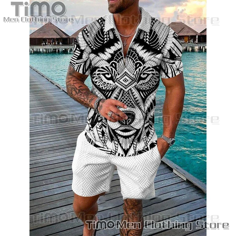 Men's Zipper Pullover Polo Shirt Set Summer Fashion 3D Printing T-shirt+Shorts Street Casual High Quality Jogging Suit Set of 2