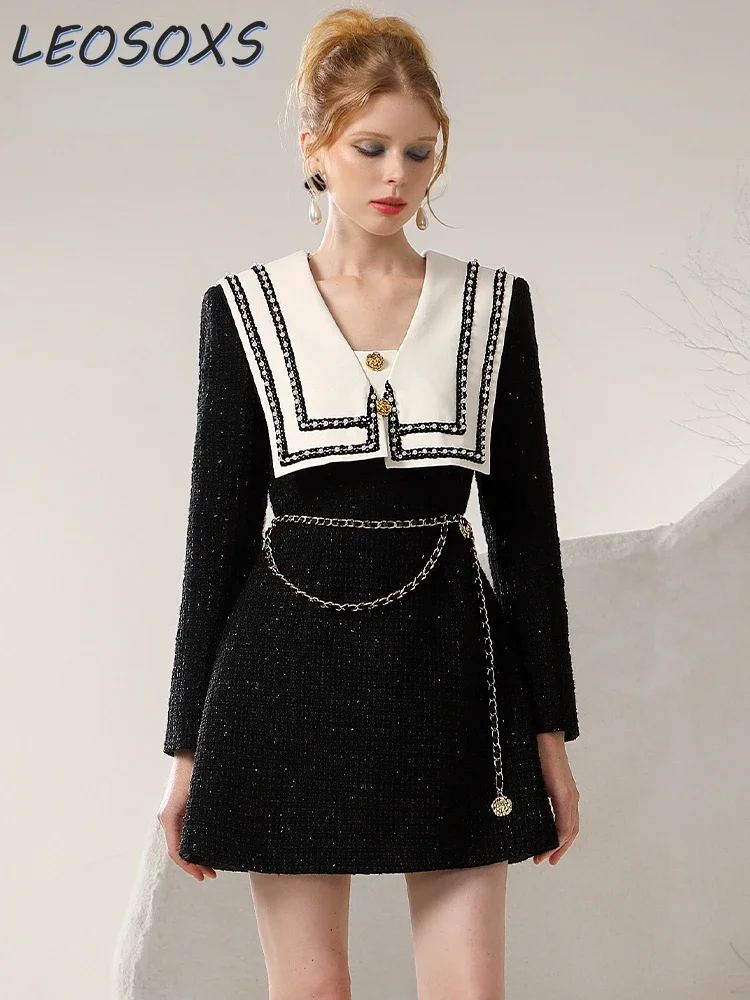

Autumn/Winter New Elegant wool Dress Temperament Black and White Color Matching Waist Slimming Sailor Collar Dress Women Dresses