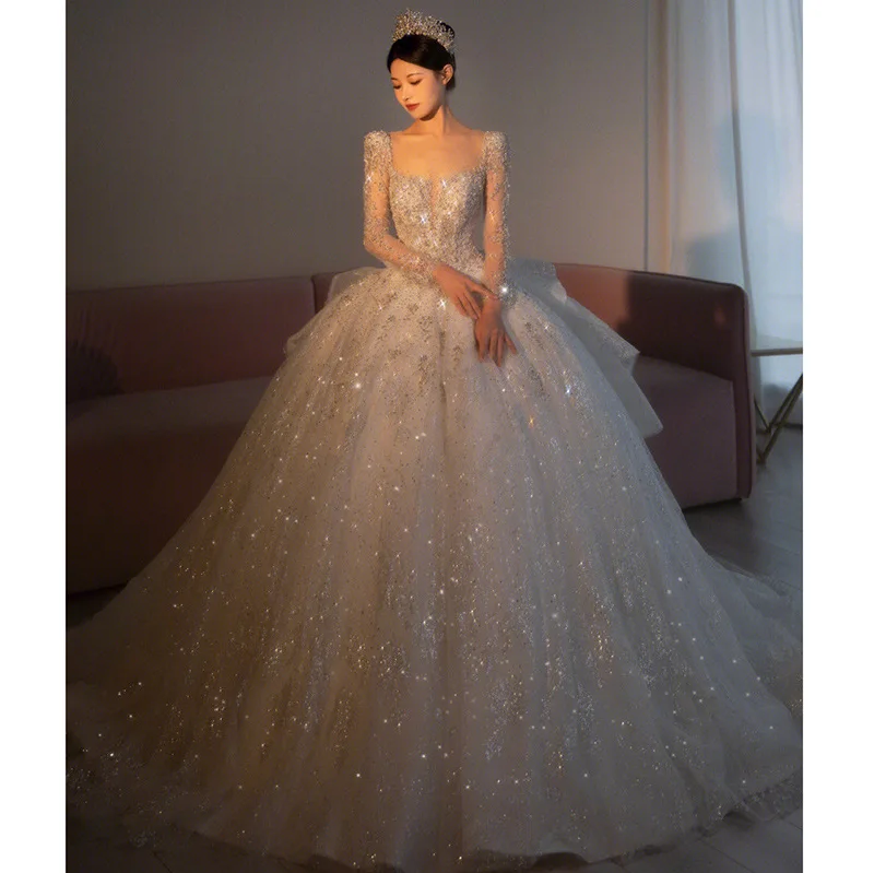 Wedding Dresses Long Sleeve Beading Sexy See Through Square Collar Luxury Sweep Train Winter Bridal Gowns