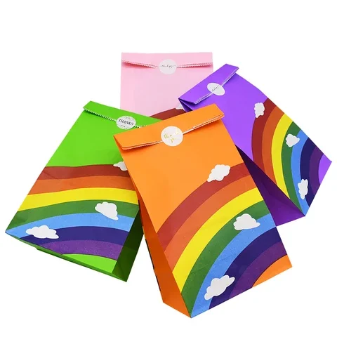 

5-10pcs Kraft Paper Rainbow Food Bags Treat Kids Birthday Cookie Bag Rainbow Bag Christmas Party Supplies 13x8x24cm