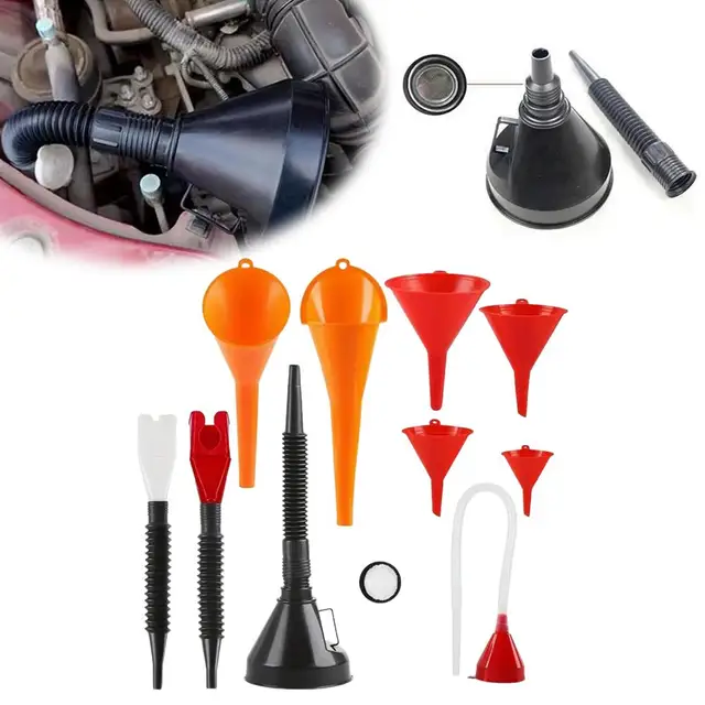 3-Piece Automotive Oil Funnel Set - Plastic Long Neck, Wide Mouth & Flexible Right Angle Funnels With Filter